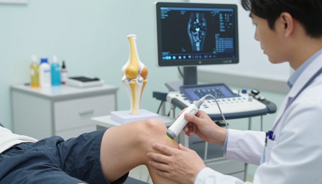 A detailed medical examination scene focusing on the knee joint diagnostic process. In the foreground, a doctor in professional attire is examining a patient's knee with a diagnostic tool, such as a handheld ultrasound device. The middle layer features an anatomical model of the knee, showcasing ligaments and bones, along with diagnostic imaging screens displaying knee scans like MRIs and X-rays. In the background, a well-lit clinic environment emphasizes a sterile and professional atmosphere, with medical instruments neatly arranged on a counter. Soft, even lighting creates a calm, focused mood, while the angle captures the action from a slightly elevated perspective, revealing both the patient and the diagnostic tools effectively.