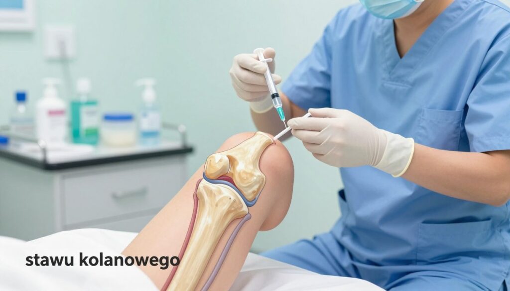 A detailed medical illustration depicting a knee joint with a focus on the process of "stawu kolanowego" during a knee aspiration procedure. In the foreground, show a detailed anatomical representation of the knee, highlighting key structures such as the patella, ligaments, and joint fluid, with an emphasis on clarity and accuracy. In the middle ground, include a healthcare professional in scrubs and gloves, carefully performing the procedure, using a sterile syringe to aspirate fluid. The background should depict a clean, well-lit clinical environment, showcasing medical equipment and sterile supplies. Use soft, diffused lighting to create a calm and professional atmosphere, and employ a slightly elevated angle to provide a comprehensive view of the procedure, ensuring focus on both the anatomical details and the healthcare professional at work. A detailed medical illustration depicting a knee joint with a focus on the process of "stawu kolanowego" during a knee aspiration procedure. In the foreground, show a detailed anatomical representation of the knee, highlighting key structures such as the patella, ligaments, and joint fluid, with an emphasis on clarity and accuracy. In the middle ground, include a healthcare professional in scrubs and gloves, carefully performing the procedure, using a sterile syringe to aspirate fluid. The background should depict a clean, well-lit clinical environment, showcasing medical equipment and sterile supplies. Use soft, diffused lighting to create a calm and professional atmosphere, and employ a slightly elevated angle to provide a comprehensive view of the procedure, ensuring focus on both the anatomical details and the healthcare professional at work.