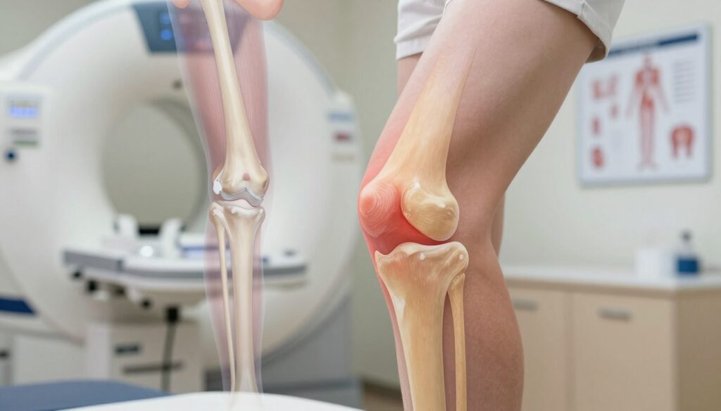 A detailed medical illustration focusing on a human knee joint, emphasizing signs of swelling and inflammation indicative of water retention. In the foreground, showcase a close-up of the knee, slightly bent to reveal issues such as redness and puffiness around the joint. The middle ground should include a transparent anatomical overlay highlighting the ligaments and surrounding tissue, creating an educational aspect. In the background, softly blurred medical equipment like an MRI machine and charts displaying knee anatomy suggest a clinical setting. Use soft, diffused lighting to evoke a calm and informative atmosphere, with a focus on natural colors that reflect a medical environment. The angle should be slightly elevated, providing a clear view of the knee while maintaining a professional tone.