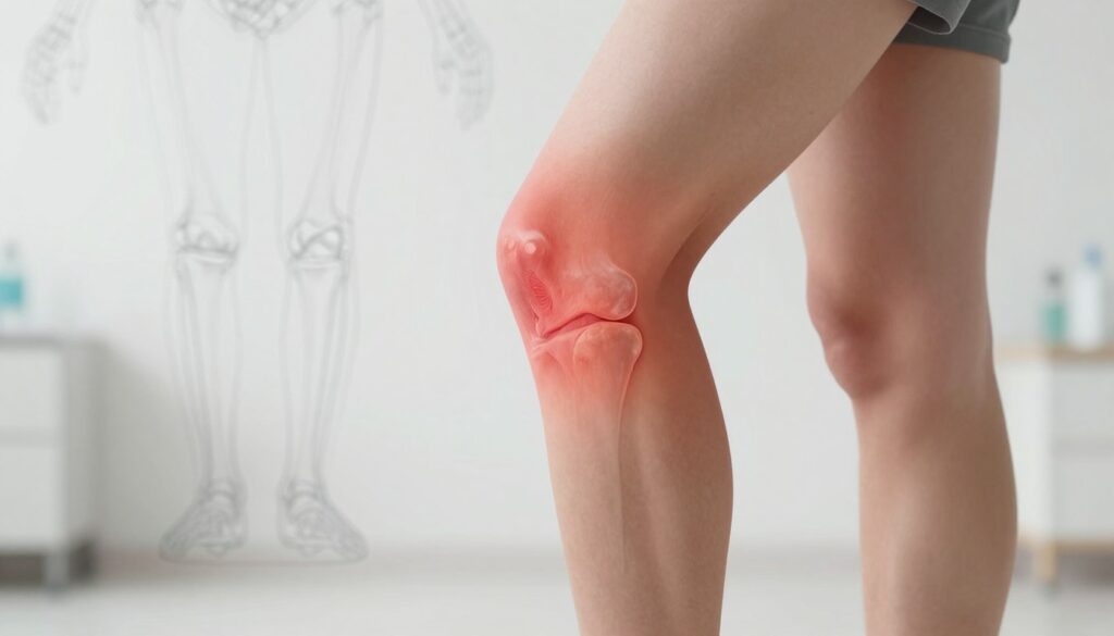 A detailed, medical illustration focusing on a knee injury, specifically showing signs of a knee sprain. In the foreground, highlight a human knee, displaying noticeable swelling and redness around the joint, indicating pain and discomfort. The knee should be in a slightly bent position, showcasing an unstable alignment. In the middle ground, include a faint outline of an anatomical diagram that illustrates ligaments, while still being subtle enough to not distract from the main focus. In the background, create a neutral, softly lit clinical setting, with gentle shadows to evoke a calm yet serious atmosphere. The overall mood should be informative and professional, with a focus on clarity and educational value. No text or additional elements should be present to maintain a clean visualization. A detailed, medical illustration focusing on a knee injury, specifically showing signs of a knee sprain. In the foreground, highlight a human knee, displaying noticeable swelling and redness around the joint, indicating pain and discomfort. The knee should be in a slightly bent position, showcasing an unstable alignment. In the middle ground, include a faint outline of an anatomical diagram that illustrates ligaments, while still being subtle enough to not distract from the main focus. In the background, create a neutral, softly lit clinical setting, with gentle shadows to evoke a calm yet serious atmosphere. The overall mood should be informative and professional, with a focus on clarity and educational value. No text or additional elements should be present to maintain a clean visualization.