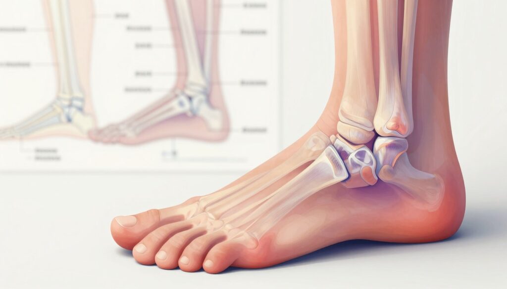 A detailed medical illustration of a rheumatoid foot, highlighting swollen joints and inflammation associated with rheumatoid arthritis. In the foreground, focus on the foot, showing clear signs of deformity such as bunions or hammer toes, with red and purple hues indicating inflammation. The middle area should include a clear view of the ankle and toes, emphasizing the joint spaces with anatomical labels subtly integrated. In the background, softly diffuse medical charts or outlines of bones and joints to provide context without distraction. Use soft, natural lighting to create a clinical yet compassionate atmosphere. The image should convey a sense of serious medical evaluation while remaining respectful and informative. The angle should be slightly elevated to capture the intricate details of the foot anatomy.