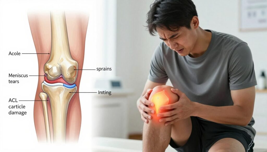 A detailed medical illustration of knee injuries, specifically showcasing acute injuries like sprains, meniscus tears, ACL damage, and cartilage damage. In the foreground, a diagrammatic representation of the human knee joint, highlighting anatomical structures such as ligaments and cartilage, with labels to show affected areas. In the middle ground, an overlay of an injured athlete, wearing modest athletic wear, grimacing in pain while examining their knee injury, creating a connection to real-life implications. The background features a clinical environment, soft lighting that emphasizes the knee joint while remaining neutral and professional, creating a mood of concern and seriousness surrounding knee health. The viewpoint is from a slight angle to capture depth and detail in the joint and injury.