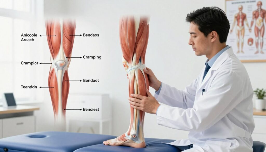 A detailed medical illustration showcasing the human calf with an emphasis on the anatomy surrounding the Achilles tendon. In the foreground, a realistic depiction of a professional male physiotherapist in a lab coat, demonstrating a calf stretching exercise while analyzing the calf muscle anatomy with a focus on labeled structures like the gastrocnemius and soleus muscles. The middle ground features a diagram overlay indicating various calf pain sources, including muscle strain, cramping, and tendon injuries, with arrows pointing to each area. The background presents a clinical setting with anatomical posters and medical equipment, all under bright, natural lighting to create an informative and professional atmosphere. The overall mood is educational and engaging, highlighting the importance of understanding calf pain differentiation.