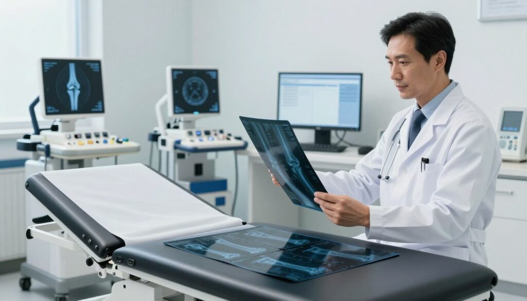 A detailed medical workspace focusing on the diagnostics of knee bone health. In the foreground, an elegant, modern examination table with images of X-rays illustrating bone structures displayed prominently. A confident doctor, dressed in a crisp white lab coat and holding a clipboard, is examining the X-ray images, conveying professionalism and focus. In the middle ground, diagnostic tools such as MRI scans are neatly arranged on a table, along with a computer displaying relevant medical data. The background shows a bright, sterile environment with soft, diffused lighting, enhancing the clarity of the space. The overall atmosphere is serious yet hopeful, emphasizing the importance of early detection and diagnosis in bone health.