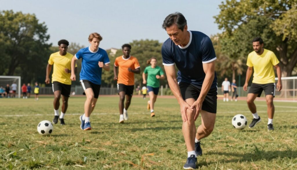 A dynamic sports scene showing a diverse group of athletes engaged in various physical activities, such as running, jumping, and playing soccer, reflecting the risks of Achilles tendon issues. In the foreground, focus on a middle-aged male athlete experiencing discomfort, stretching his leg in a professional sports attire. The middle ground includes active athletes in various sports environments, emphasizing movement and energy. The background presents a sunny park with spectators, trees, and a clear blue sky, suggesting an outdoor exercise atmosphere. Use warm, natural lighting to create a vibrant and energetic mood. Capture the action with a slight motion blur effect to enhance the sense of activity and risk associated with physical exertion. A dynamic sports scene showing a diverse group of athletes engaged in various physical activities, such as running, jumping, and playing soccer, reflecting the risks of Achilles tendon issues. In the foreground, focus on a middle-aged male athlete experiencing discomfort, stretching his leg in a professional sports attire. The middle ground includes active athletes in various sports environments, emphasizing movement and energy. The background presents a sunny park with spectators, trees, and a clear blue sky, suggesting an outdoor exercise atmosphere. Use warm, natural lighting to create a vibrant and energetic mood. Capture the action with a slight motion blur effect to enhance the sense of activity and risk associated with physical exertion.