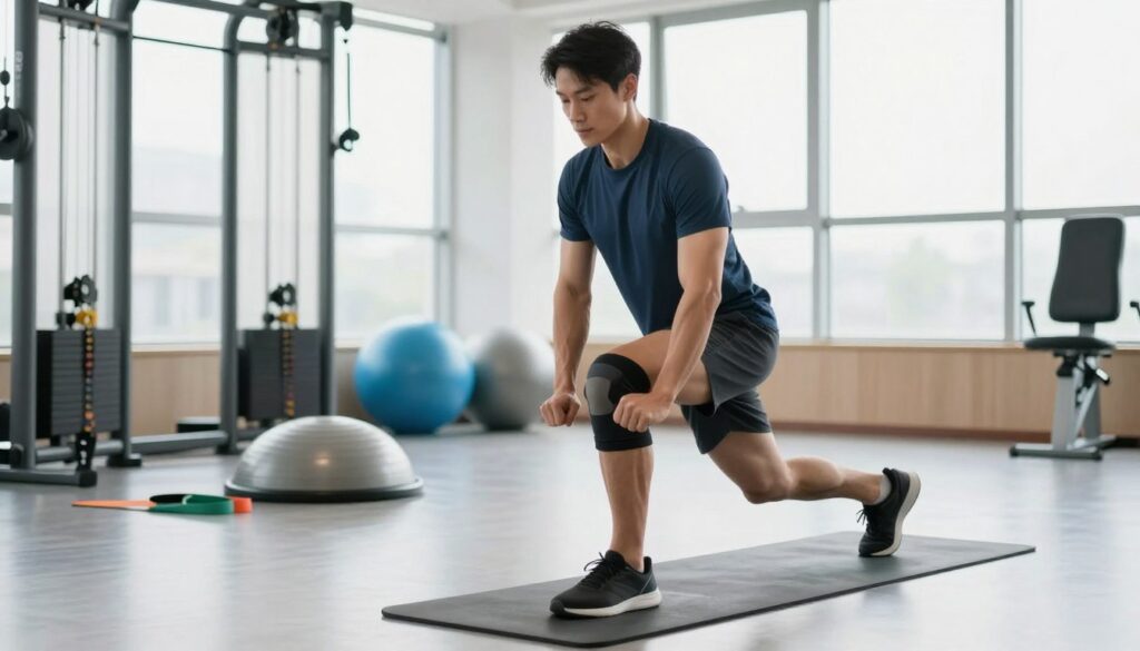 A fitness coach demonstrating knee-strengthening exercises in a well-lit gym. In the foreground, the coach, wearing professional athletic attire, performs a lunge while focusing on balance and posture. In the middle ground, various exercise equipment like resistance bands and stability balls are scattered around, indicating a workout environment. In the background, large windows let in natural light, creating a bright and inviting atmosphere. The scene captures the essence of physical training, emphasizing strength and stability in a calm, motivational setting. The composition is balanced with a slight downward angle to highlight the coach's form, ensuring clarity and focus on the exercises undertaken for knee protection.