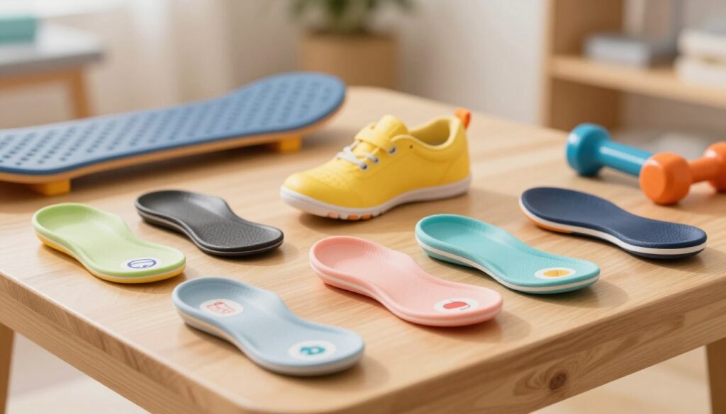 A flat-foot insert model display for children, arranged artistically on a wooden table. In the foreground, showcase a variety of colorful orthotic insoles designed for children, each labeled with an illustrative icon representing its benefits. The middle ground features a bright, playful children's shoe partially open, hinting at the insoles' application. In the background, softly blurred, display a few supportive exercise tools like balance boards and small weights, symbolizing alternative treatment options. The lighting is warm and inviting, casting soft shadows, creating an atmosphere of comfort and care. The scene should evoke a sense of health and well-being, with a professional yet approachable mood suitable for parents considering options for their children’s foot health.