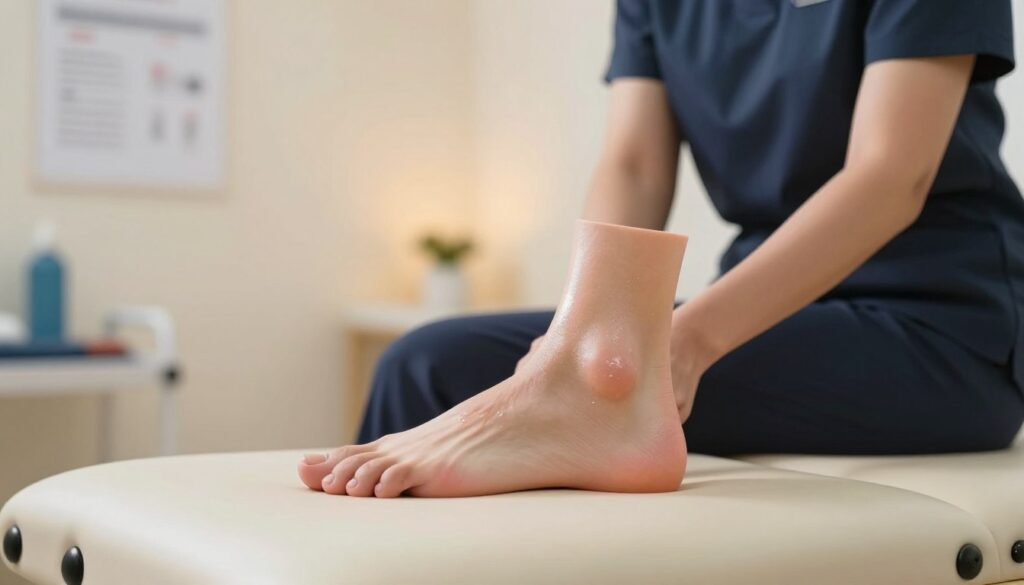 A focused and detailed close-up image of an ankle with a gentle fluid motion effect, showing a person wearing professional attire sitting on a physiotherapy bench. The ankle is centered in the foreground, highlighting the soft tissue around the bone, with a faint sheen that suggests health. The midground features a clinical setting with medical charts on the wall and rehabilitation equipment subtly blurred. In the background, warm, inviting lighting creates a calming atmosphere, with a soft-focus effect on the walls to enhance the professional yet soothing vibe. The image should evoke feelings of reassurance and care, emphasizing the topic of non-injury related ankle discomfort in a modern medical context.