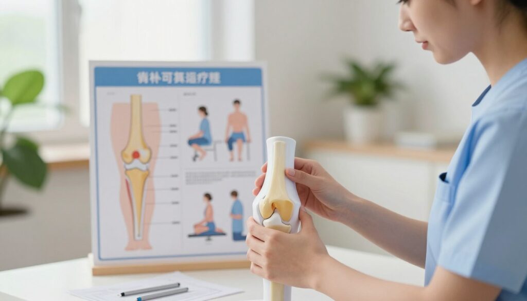 A focused and serene scene depicting the knee joint undergoing careful recovery post-aspiration. The foreground features a close-up of a professional therapist's hands gently manipulating a model of a knee, demonstrating proper care techniques. In the middle, a large, softly illuminated chart displays the stages of healing, alongside simple diagrams of movement exercises. The background showcases a calming clinic environment with soft natural light filtering through a window and potted plants enhancing the atmosphere. The overall mood is reassuring and informative, reflecting a professional yet compassionate approach to rehabilitation, with all human figures dressed in modest, professional attire. The shot is from a slightly elevated angle, capturing both the therapist’s attentive focus and the detailed educational materials around them. A focused and serene scene depicting the knee joint undergoing careful recovery post-aspiration. The foreground features a close-up of a professional therapist's hands gently manipulating a model of a knee, demonstrating proper care techniques. In the middle, a large, softly illuminated chart displays the stages of healing, alongside simple diagrams of movement exercises. The background showcases a calming clinic environment with soft natural light filtering through a window and potted plants enhancing the atmosphere. The overall mood is reassuring and informative, reflecting a professional yet compassionate approach to rehabilitation, with all human figures dressed in modest, professional attire. The shot is from a slightly elevated angle, capturing both the therapist’s attentive focus and the detailed educational materials around them.