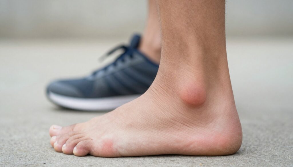 A focused close-up of a person's lower leg and ankle showing signs of Achilles tendon injury, illustrating key symptoms like swelling and tenderness. The person's foot should be positioned with a slight flex, showcasing a subtle but noticeable bulge along the back of the heel, under soft natural lighting. In the middle ground, a faint outline of a sports shoe can be seen, hinting at an athletic context, while the background remains blurred to emphasize the leg and ankle. The overall mood should be clinical yet informative, suitable for a medical article, conveying a sense of urgency in recognizing injury symptoms without any distractions.