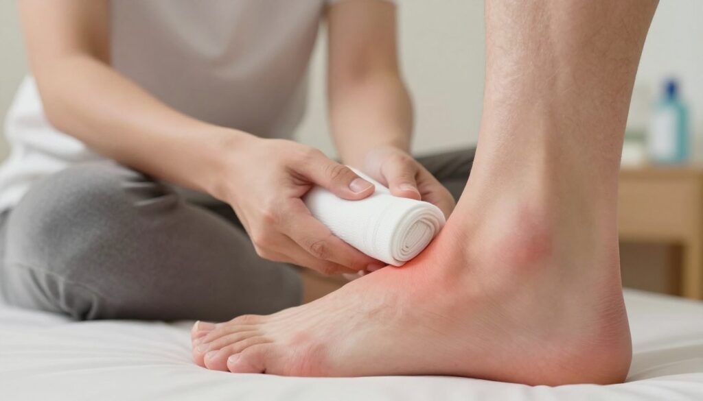 A focused illustration of an ankle with inflammation, specifically highlighting a swollen Achilles tendon to showcase common symptoms of tendonitis. In the foreground, a close-up of the ankle is prominently displayed, emphasizing the swelling and possible reddening of the skin. In the middle, a soft, blurred depiction of a person applying ice using a compression bandage, ensuring they are dressed in modest casual clothing. The background features a neutral, softly-lit setting that conveys a clinical atmosphere, with subtle hints of medical equipment and a soothing color palette. The lighting is warm and calming, suggesting care and attention, while the angle is slightly elevated to capture the action and details effectively. A focused illustration of an ankle with inflammation, specifically highlighting a swollen Achilles tendon to showcase common symptoms of tendonitis. In the foreground, a close-up of the ankle is prominently displayed, emphasizing the swelling and possible reddening of the skin. In the middle, a soft, blurred depiction of a person applying ice using a compression bandage, ensuring they are dressed in modest casual clothing. The background features a neutral, softly-lit setting that conveys a clinical atmosphere, with subtle hints of medical equipment and a soothing color palette. The lighting is warm and calming, suggesting care and attention, while the angle is slightly elevated to capture the action and details effectively.