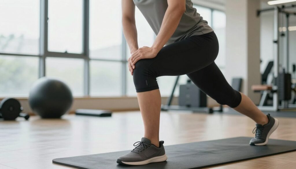 A focused image of a fit individual performing knee flexor stretches in a well-lit gym environment. The foreground features a person wearing modest athletic attire, with an emphasis on proper form while engaging in a stretching exercise that highlights the knee joint's flexors. The middle ground depicts exercise mats and gym equipment, providing a practical training setting. The background showcases large windows allowing natural light to pour in, creating a bright and energetic atmosphere. The composition captures the individual from a slightly angled perspective to highlight the stretch while emphasizing the importance of knee stability and flexibility in a training regimen. The overall mood conveys motivation and dedication to fitness.
