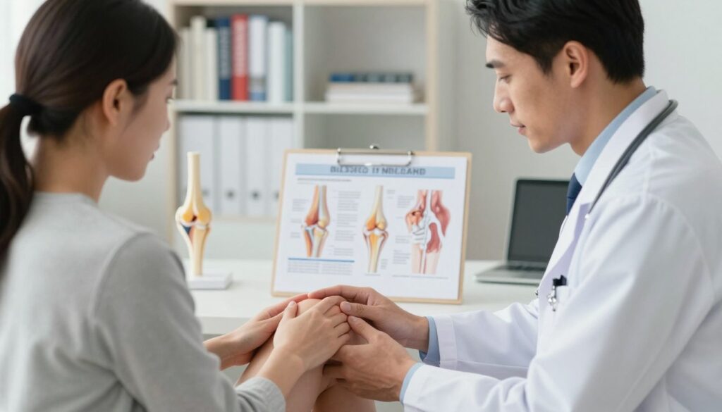 A focused medical consultation scene showcasing a doctor interacting with a patient, highlighting knee pain issues. In the foreground, a physician in a white coat, looking professional, is examining a patient’s knee. The patient, dressed in modest casual clothing, appears engaged and attentive. In the middle ground, medical charts and anatomical models illustrate knee anatomy and common injuries, hinting at a decision-making process about which specialist to consult for knee pain. The background should feature a well-lit medical office with shelves filled with medical books and instruments, combined with soft, natural lighting to create a welcoming atmosphere. Use a slightly tilted angle for a dynamic view that conveys urgency and professionalism.
