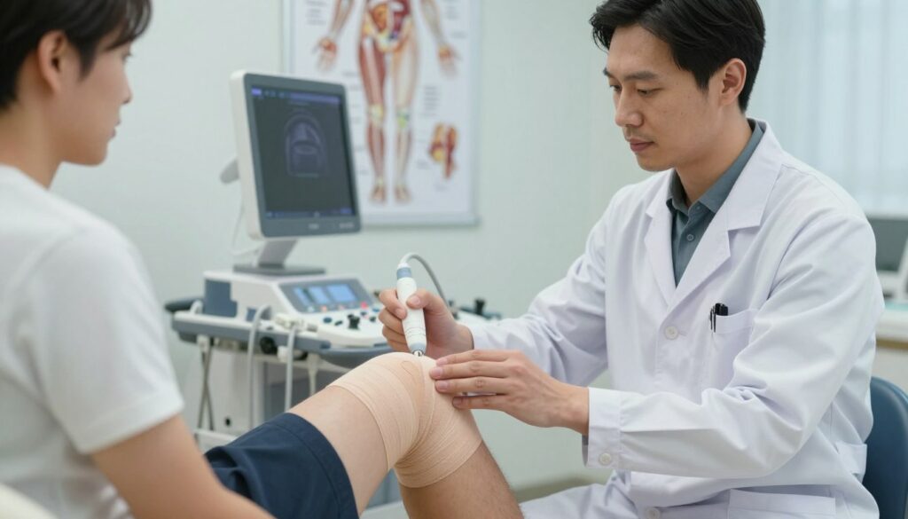 A focused medical examination room with a clear view of a healthcare professional, wearing a white lab coat and professional attire, conducting a knee assessment on a seated patient. The foreground features a close-up of the patient's knee, which is wrapped in a bandage, symbolizing an injury, while the doctor uses an ultrasound device to evaluate the knee. In the middle, a detailed anatomical poster of the knee joint is visible on the wall, providing educational context. The background is softly lit, with medical equipment organized neatly, creating an atmosphere of professionalism and care. The overall mood is serious yet supportive, emphasizing the importance of diagnostics in the recovery journey.