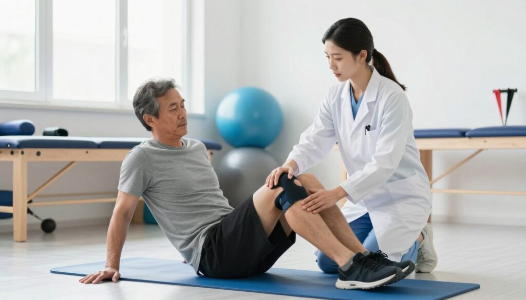 A focused physiotherapist demonstrating knee stabilization exercises in a bright, well-lit physical therapy clinic. In the foreground, a middle-aged male patient, dressed in modest athletic wear, is performing a knee-strengthening exercise on a colorful exercise mat, concentrating on his form. The physiotherapist, a professional female in a lab coat, provides guidance beside him, gently touching his knee to ensure proper alignment. In the middle ground, a variety of exercise equipment, such as resistance bands and stability balls, are visible, promoting a dynamic rehabilitation environment. The background features soft, natural light streaming through large windows, creating an uplifting and encouraging atmosphere, highlighting the importance of rehabilitation and muscle strengthening for knee joints.