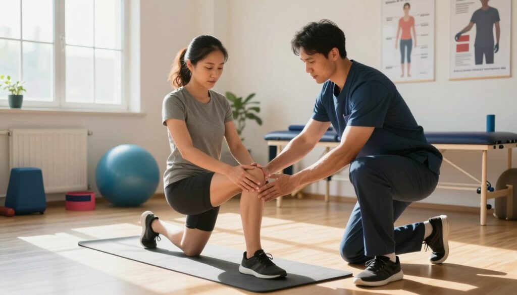 A focused physiotherapy session illustrating knee rehabilitation. In the foreground, a dedicated physical therapist, dressed in professional attire, guides a patient through a series of knee exercises on a yoga mat. The patient, in modest athletic wear, displays concentration as they perform strengthening movements. The middle ground features various rehabilitation equipment, such as resistance bands and exercise balls, creating a dynamic atmosphere. The background reveals a bright, inviting clinic with motivational posters about physical therapy and healing. The lighting is warm and natural, emanating from large windows, casting soft shadows. The mood conveys determination and positivity, emphasizing the importance of movement in recovery, with an inspirational vibe surrounding the entire scene.