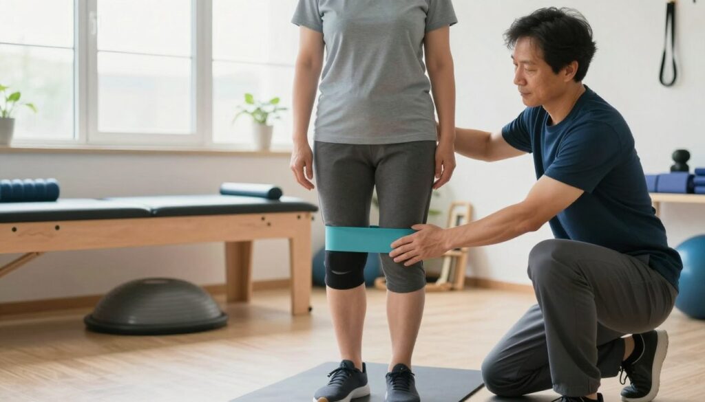 A focused scene at a physical therapy clinic, showcasing a middle-aged person in modest, casual athletic wear performing knee rehabilitation exercises. In the foreground, the individual is using resistance bands under the guidance of a physical therapist, who is providing support and instruction. The middle ground includes exercise equipment such as balance boards and foam rollers, emphasizing a comprehensive approach to conservative knee treatment. The background features large windows allowing natural light to flood the room, creating a bright and welcoming atmosphere. Soft, warm lighting enhances the sense of care and professionalism. The composition captures a moment of recovery and determination, reflecting a supportive environment for healing.