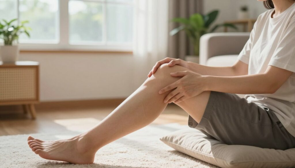 A focused scene depicting a person resting their knee in an ideal position for relief and recovery. In the foreground, a person with modest casual clothing sits comfortably on a soft rug, their leg elevated on a cushion, with the knee slightly bent to showcase proper alignment. The middle ground features a cozy living room setting with natural light pouring in through a large window, casting soft shadows and creating a warm atmosphere. In the background, tasteful indoor plants add a touch of serenity. The image should be clear and well-composed, highlighting the knee's position in a calm and rejuvenating environment, inviting viewers to understand the importance of proper posture for knee relief.