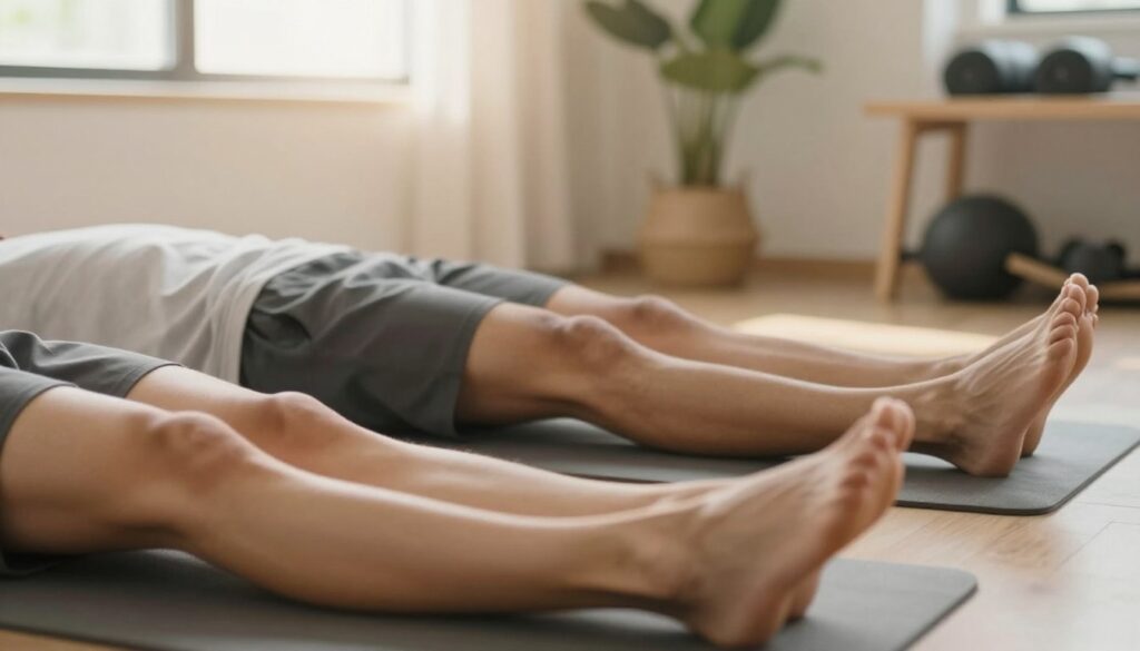 A focused scene depicting various safe knee positions to alleviate pain and promote recovery, highlighting a pair of knees comfortably resting on a soft yoga mat. The foreground features the knees positioned at different angles, demonstrating both flexed and extended positions. In the middle ground, gentle, natural lighting filters through a nearby window, casting a warm glow that enhances the calm atmosphere of the space. The background includes subtle hints of a serene and minimalistic room, adorned with a potted plant and exercise equipment, suggesting a focus on wellness and healing. The overall mood is peaceful and restorative, inviting viewers to contemplate the best practices for knee health in a setting free from distractions.