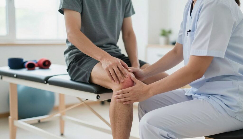 A focused view of a human knee joint undergoing a rehabilitation process, depicted in a well-lit physical therapy clinic. In the foreground, a healthcare professional, dressed in a neat, professional outfit, gently examines the knee of a patient seated on a therapy bench. The knee shows subtle markings indicating areas of strain and recovery. In the middle ground, physical therapy equipment such as resistance bands and a stability ball are neatly organized, symbolizing the rehabilitation journey. The background features soft, natural lighting filtering through large windows, creating a calming atmosphere. The overall mood reflects hope and determination, with a focus on the healing process and the impact of proper care on recovery duration.
