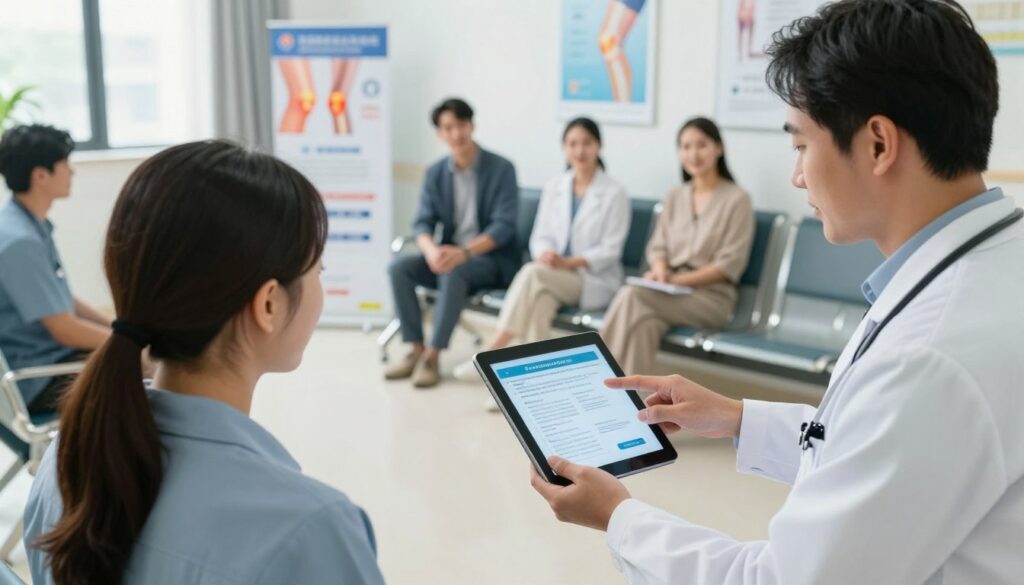 A healthcare professional in a modern, brightly lit hospital waiting area, engaging with a patient, both dressed in professional attire. In the foreground, a physician points to a digital tablet displaying information about knee arthroscopy procedures, symbolizing efficiency and guidance. The middle ground features multiple waiting patients appearing hopeful and attentive, some consulting with staff members. The background showcases banners or posters related to knee health and surgery, emphasizing a clinical yet welcoming environment. Soft, natural lighting adds an optimistic atmosphere, while the angle captures the interaction from slightly above, creating a sense of inclusion and clarity. The overall mood is reassuring, professional, and focused on facilitating care.