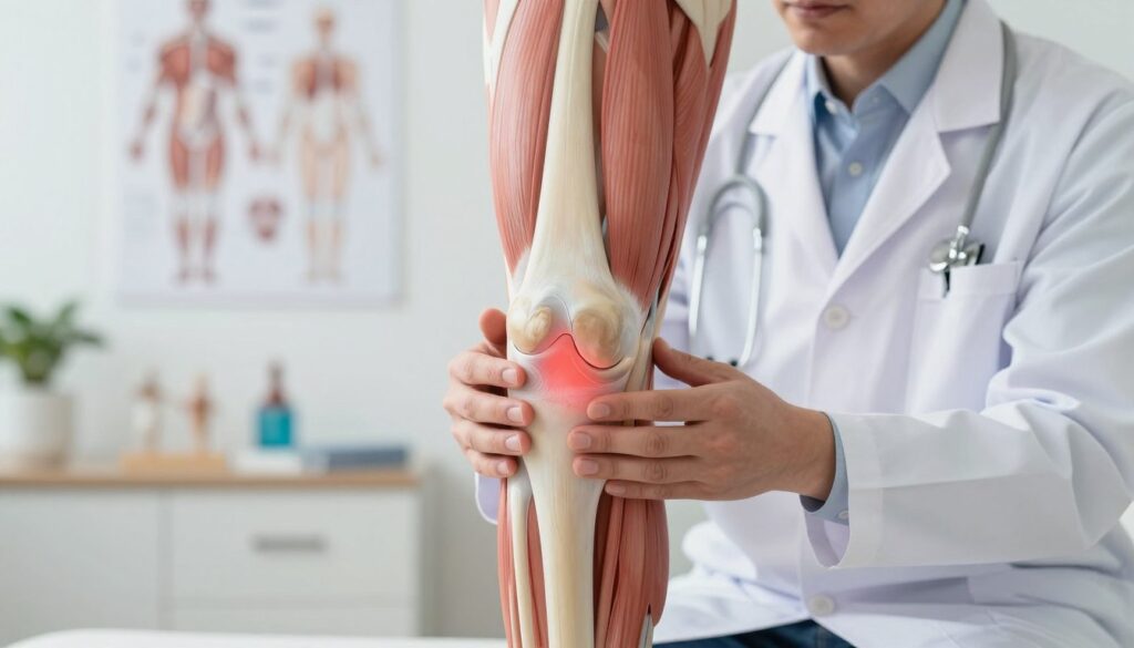 A healthy human knee illustrated in an anatomical style, showcasing the bursa, ligaments, and surrounding muscles, with a focus on inflammation. The foreground features a close-up of the affected area, highlighting swelling and redness around the knee joint. In the middle ground, a knowledgeable healthcare professional in a white coat examines the knee, emphasizing a clinical environment. The background includes a softly lit medical office with anatomical charts and models, creating a serene, informative atmosphere. The lighting is bright but soft, providing clarity to the knee’s details. The angle is slightly elevated, capturing both the professional and the anatomical focus, conveying a sense of care and expertise regarding knee health.