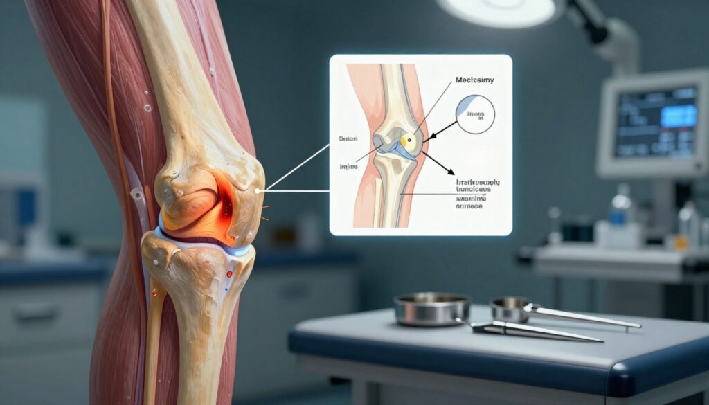 A highly detailed, educational illustration focusing on knee joint damage, specifically depicting common injuries that lead to arthroscopy. In the foreground, a detailed anatomical representation of a knee joint with highlighted areas of meniscus tears and ligament damage. The middle ground features a stylized diagram explaining the impact of injuries on joint function, with arrows indicating movement and stress points. The background shows a clinical setting with medical instruments used in arthroscopy, dim but focused lighting to create a serious, professional atmosphere. The image should be clear and precise, ideally viewed from a slight angle to enhance depth and emphasize the complexity of the knee anatomy while ensuring all elements remain safe and appropriate for educational purposes.