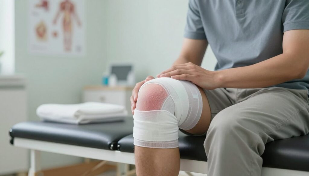 A medical examination room featuring a close-up of a person's knee, showcasing mild post-surgery swelling after a meniscus repair. The knee is dressed in a clean, supportive bandage, revealing some redness and swelling around the joint, indicating the healing process. The patient, dressed in modest casual clothing, is sitting on an examination table with a concerned yet calm expression. In the background, soft, diffused lighting creates a clinical atmosphere, while medical tools and anatomical diagrams are blurred, emphasizing the focus on the knee. The overall mood is one of care and reassurance, subtly conveying the journey of healing post-surgery.