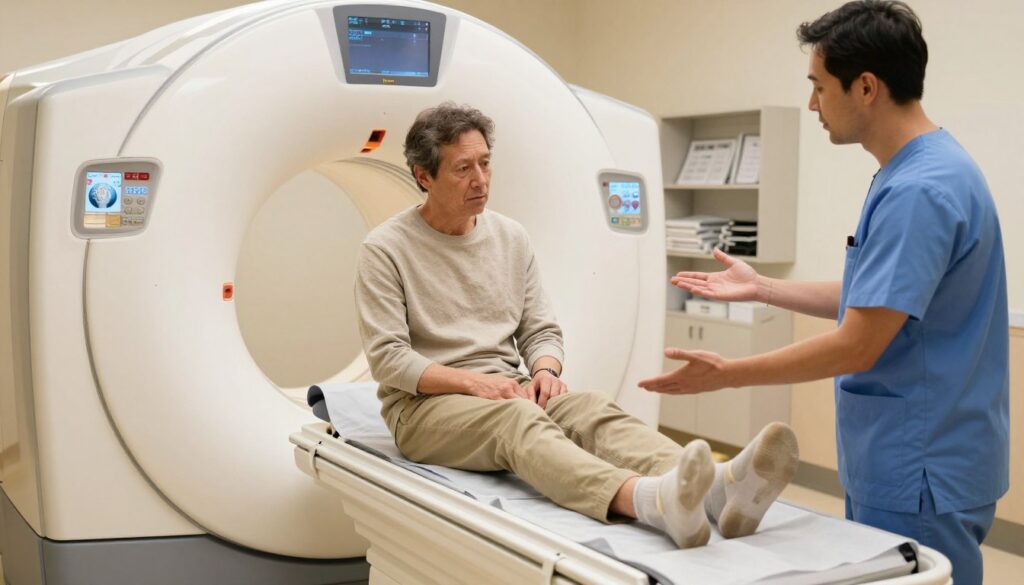 A medical examination room focused on the preparation for an MRI of the knee. In the foreground, a patient, a middle-aged individual in comfortable yet modest casual clothing, sits on an examination table looking calm and slightly anxious, with a health professional beside them explaining the procedures. The middle layer features the MRI machine, modern and clean, with smooth lines and bright lights illuminating the space. In the background, shelves filled with medical charts and equipment hint at a professional medical environment. The lighting is soft and warm, creating a reassuring atmosphere. The camera angle is slightly angled down, capturing both the patient and the MRI machine to highlight the preparation process. Make the overall mood comforting and reassuring, emphasizing professionalism and care in a medical setting. A medical examination room focused on the preparation for an MRI of the knee. In the foreground, a patient, a middle-aged individual in comfortable yet modest casual clothing, sits on an examination table looking calm and slightly anxious, with a health professional beside them explaining the procedures. The middle layer features the MRI machine, modern and clean, with smooth lines and bright lights illuminating the space. In the background, shelves filled with medical charts and equipment hint at a professional medical environment. The lighting is soft and warm, creating a reassuring atmosphere. The camera angle is slightly angled down, capturing both the patient and the MRI machine to highlight the preparation process. Make the overall mood comforting and reassuring, emphasizing professionalism and care in a medical setting.