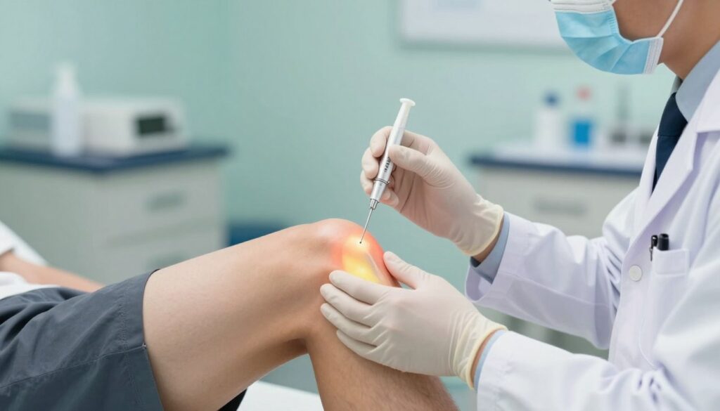 A medical illustration depicting a knee joint puncture scene. In the foreground, a close-up view of a doctor in professional attire, carefully performing arthrocentesis on a patient's knee, showcasing the precise insertion of a needle into the swollen joint filled with fluid. The patient's knee is shown from a side angle, emphasizing the anatomy with highlights on the swollen area. In the middle, medical instruments and a sterile environment convey a clinical atmosphere. The background features an examination room with calming colors, soft lighting to create a serious yet reassuring mood. The focus is sharp on the interaction between the doctor and the patient, capturing the essence of medical care and treatment procedures related to knee effusion.