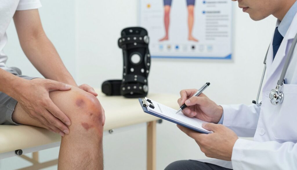 A medical professional examining a patient’s knee injury in a clinical setting. In the foreground, focus on a partially visible knee with noticeable swelling and bruising, showcasing limited mobility. The doctor, dressed in a lab coat and professional attire, attentively observes the knee, holding a medical notepad and pen for assessment. In the middle background, medical instruments like a knee brace and an injury prevention poster are visible, emphasizing the context of injury evaluation. Soft, diffused lighting enhances the clinical atmosphere, while an angled perspective captures the seriousness of the situation. The overall mood is one of careful examination and concern for the patient's well-being, conveying a sense of professionalism and urgency regarding knee injuries.