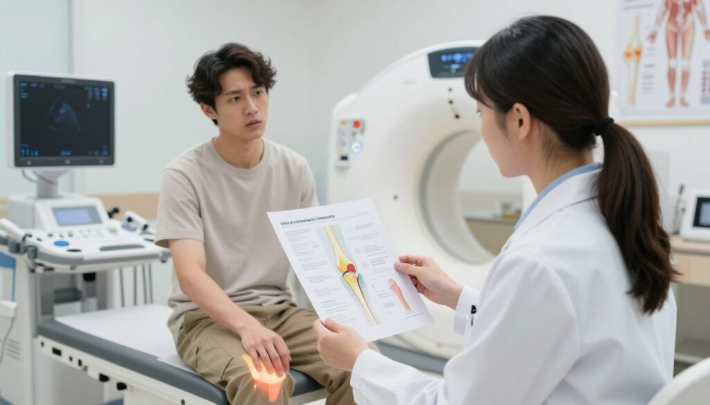 A medical professional in a modern clinical setting examining a patient’s knee with a focus on assessing patellar damage. In the foreground, the professional, dressed in a white lab coat, holds a color-coded diagram of the knee joint, illustrating typical symptoms. The patient sits on an examination table, looking concerned while wearing a modest, casual outfit. The middle ground features advanced imaging equipment, including an MRI machine and ultrasound, subtly positioned to convey the importance of imaging in diagnosis. The background includes anatomical posters detailing knee structures. Soft, diffused lighting creates a calm atmosphere, emphasizing a professional and reassuring environment suitable for discussing medical concerns about knee injuries.