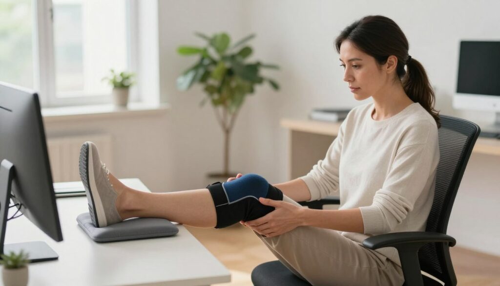 A modern office setting featuring a professional woman in modest casual clothing, demonstrating knee unloading techniques while seated at her desk. She sits with her foot elevated on a supportive cushion, depicting good posture; a small ergonomic chair is nearby. In the background, a home workspace is visible, showing a plant and soft lighting from a window, creating a calm atmosphere. The foreground focuses on the woman's attentive expression as she adjusts her posture, highlighting the importance of breaks and proper footwear. The image is bright and well-lit, emphasizing a productive yet comfortable environment, taken from a slightly elevated angle to capture both the subject and the setting.