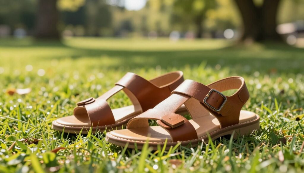 A pair of elegant leather sandals designed for comfort, prominently displayed in the foreground. The sandals are crafted from high-quality, breathable leather, showcasing their texture and detailing, with soft insoles visible to highlight comfort. In the middle ground, a sunny outdoor scene features lush green grass and soft sunlight filtering through tree branches, emphasizing a warm, inviting atmosphere. The background includes a blurred, idyllic park setting, hinting at a leisurely day outdoors. The overall composition should evoke a sense of relaxation and comfort, with gentle shadows and bright, natural lighting creating a cheerful mood. Focus on capturing the quality of materials and the importance of comfort in warm weather, emphasizing the sandals as the center of attention.