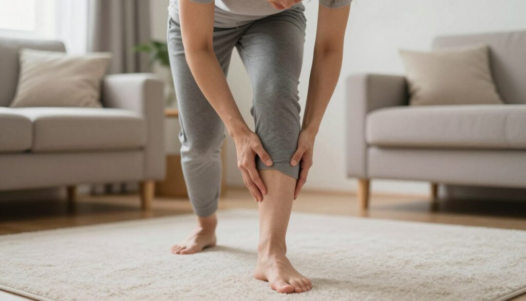 A person in comfortable, modest athletic clothing is carefully taking their first steps in a well-lit living room, showing a hint of strain on their face due to knee discomfort. The foreground captures the person's foot making contact with a soft carpet, emphasizing gentle care in movement. In the middle, their body posture is slightly hunched, conveying cautiousness, with one hand resting on a piece of furniture for support. In the background, a cozy home setting with natural light filtering through a window creates a warm atmosphere, enhancing the sense of resilience and hope. The overall mood is one of determination amidst discomfort, capturing the essence of navigating early healing steps.