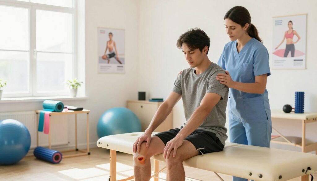 A physical therapist assisting a patient with knee rehabilitation in a bright, well-lit clinic. In the foreground, the patient is seated on a therapy table, focusing on stretching and strengthening exercises, wearing comfortable athletic clothing. The therapist, dressed in a professional attire, demonstrates supportive techniques and encouragement. In the middle ground, various rehabilitation tools such as resistance bands, foam rollers, and exercise balls are neatly arranged. The background features motivational posters and natural light streaming through large windows, creating a warm and welcoming atmosphere. The scene conveys a sense of support, movement, and recovery, emphasizing the importance of rehabilitation for reducing swelling and restoring mobility. The image should be captured with a warm, inviting tone, using soft lighting to enhance the hopeful mood. A physical therapist assisting a patient with knee rehabilitation in a bright, well-lit clinic. In the foreground, the patient is seated on a therapy table, focusing on stretching and strengthening exercises, wearing comfortable athletic clothing. The therapist, dressed in a professional attire, demonstrates supportive techniques and encouragement. In the middle ground, various rehabilitation tools such as resistance bands, foam rollers, and exercise balls are neatly arranged. The background features motivational posters and natural light streaming through large windows, creating a warm and welcoming atmosphere. The scene conveys a sense of support, movement, and recovery, emphasizing the importance of rehabilitation for reducing swelling and restoring mobility. The image should be captured with a warm, inviting tone, using soft lighting to enhance the hopeful mood.