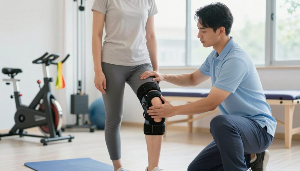 A physical therapist assisting a patient with knee strain in a bright and professional rehabilitation clinic. In the foreground, the therapist, wearing a smart polo shirt and athletic pants, demonstrates a gentle stretching exercise while the patient, in modest activewear, takes cautious steps using a supportive brace on their knee. The middle ground features rehabilitation equipment like resistance bands and a stationary bike, conveying an atmosphere of care and support. The background includes soft natural light streaming through large windows, giving a sense of openness and tranquility. The scene captures the mood of encouragement and safety, emphasizing the importance of proper technique to avoid worsening the knee condition.