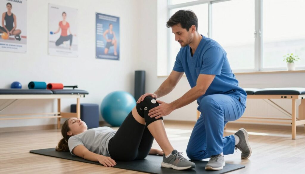 A physical therapist guiding a patient through knee rehabilitation exercises after arthroscopy, focused on demonstrating correct movements. In the foreground, a therapist in a professional outfit is helping a patient, who is wearing comfortable athletic clothing, perform a knee extension exercise on a therapy mat. In the middle, a variety of rehabilitation equipment is visible, such as resistance bands and exercise balls. The background features a bright, well-lit therapy room with motivational posters on the walls and large windows allowing natural light to flood in, creating an uplifting atmosphere. The image captures a sense of support and recovery, showcasing the determination to regain full mobility and strength in the knee.