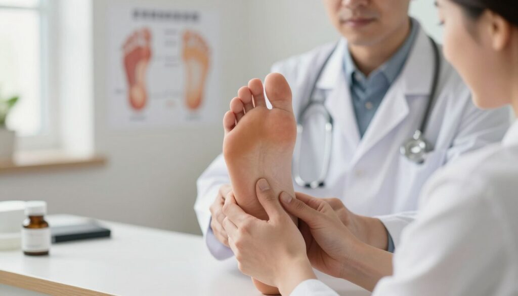A professional and clean medical office environment with a focus on foot health. In the foreground, a pair of feet, one suffering from visible discomfort, with a subtle emphasis on the arch and heel area. The middle ground features a doctor in a white coat examining the feet, demonstrating care and expertise. The background includes medical charts on foot anatomy and pain management strategies, softly blurred to keep the focus on the foreground action. The lighting is warm and inviting, with natural daylight streaming in through a nearby window, creating a calm atmosphere of reassurance. The image should evoke a sense of understanding and resolution, suitable for a serious discussion about common foot pain causes in daily life. A professional and clean medical office environment with a focus on foot health. In the foreground, a pair of feet, one suffering from visible discomfort, with a subtle emphasis on the arch and heel area. The middle ground features a doctor in a white coat examining the feet, demonstrating care and expertise. The background includes medical charts on foot anatomy and pain management strategies, softly blurred to keep the focus on the foreground action. The lighting is warm and inviting, with natural daylight streaming in through a nearby window, creating a calm atmosphere of reassurance. The image should evoke a sense of understanding and resolution, suitable for a serious discussion about common foot pain causes in daily life.