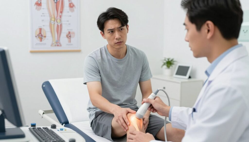 A professional healthcare setting focused on treating knee effusion, featuring a doctor in a white coat and a patient seated on an examination table. The foreground shows a close-up of the doctor using an ultrasound device to assess the knee joint, while in the middle ground, the patient looks attentive and concerned. Medical diagrams of the knee anatomy are visible on the wall in the background, alongside various medical equipment. The lighting is bright and clinical, conveying a sense of professionalism and care. The angle captures both the doctor and patient, emphasizing the interaction and examination process in a clean, organized room, creating a reassuring atmosphere conducive to medical treatment.