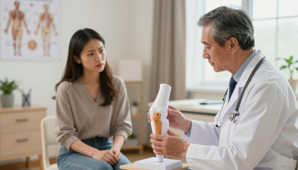 A professional medical consultation scene capturing a doctor and a patient in an office. In the foreground, the doctor, a middle-aged Caucasian male wearing a white coat, is attentively examining a knee model, symbolizing knee-related concerns. The patient, a young female in modest casual attire, is seated across from the doctor, with an expression of concern, highlighting the importance of recognizing symptoms. In the middle ground, a well-organized desk with medical charts and anatomical posters. The background features soft, warm lighting to create a comforting atmosphere, with natural light streaming in through a window, enhancing the inviting space. Use a depth of field effect to focus on the doctor and patient, emphasizing the context of seeking medical advice.