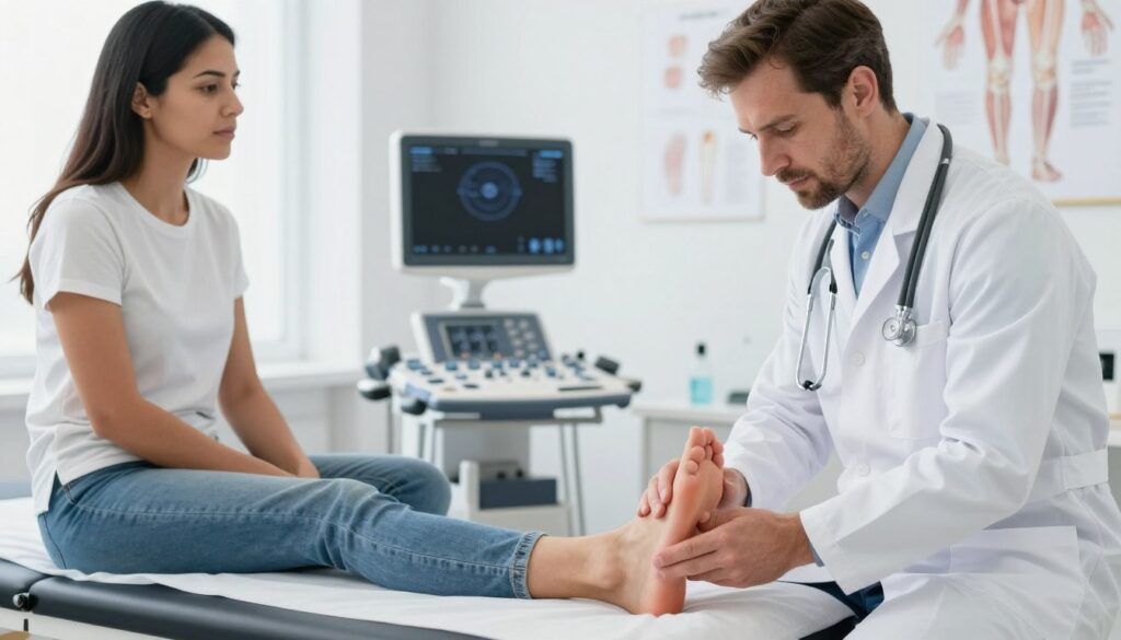 A professional medical setting showcasing a doctor examining a patient's ankle. In the foreground, a Caucasian male doctor in a crisp white lab coat, with a stethoscope around his neck, is gently inspecting the patient's ankle, which is slightly swollen. The patient, a Hispanic female, is seated on an examination table, wearing comfortable casual clothing. In the middle ground, medical charts and diagnostic tools such as an ultrasound machine are visible, contributing to the clinical atmosphere. The background features a well-lit clinic room with anatomical diagrams of the foot and ankle on the walls. The lighting is bright and sterile, emphasizing the professionalism of the environment, creating a mood of care and attention to detail in diagnosing the cause of ankle pain.