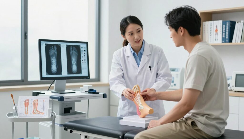 A professional orthopedic doctor in a modern consultation room stands beside a patient sitting on an examination table, wearing modest casual clothing. The doctor is examining a 3D model of a foot, highlighting important anatomical features related to flatfoot deformity. The foreground features clear medical instruments and a chart showing foot anatomy. The middle ground includes a digital screen displaying X-ray images of flat feet and various assessment tools. In the background, shelves filled with orthopedic manuals and medical equipment emphasize the clinical setting. Soft, natural lighting from large windows creates a welcoming atmosphere, while a slight depth of field focuses attention on the doctor and patient interaction, conveying a sense of professionalism and care. A professional orthopedic doctor in a modern consultation room stands beside a patient sitting on an examination table, wearing modest casual clothing. The doctor is examining a 3D model of a foot, highlighting important anatomical features related to flatfoot deformity. The foreground features clear medical instruments and a chart showing foot anatomy. The middle ground includes a digital screen displaying X-ray images of flat feet and various assessment tools. In the background, shelves filled with orthopedic manuals and medical equipment emphasize the clinical setting. Soft, natural lighting from large windows creates a welcoming atmosphere, while a slight depth of field focuses attention on the doctor and patient interaction, conveying a sense of professionalism and care.
