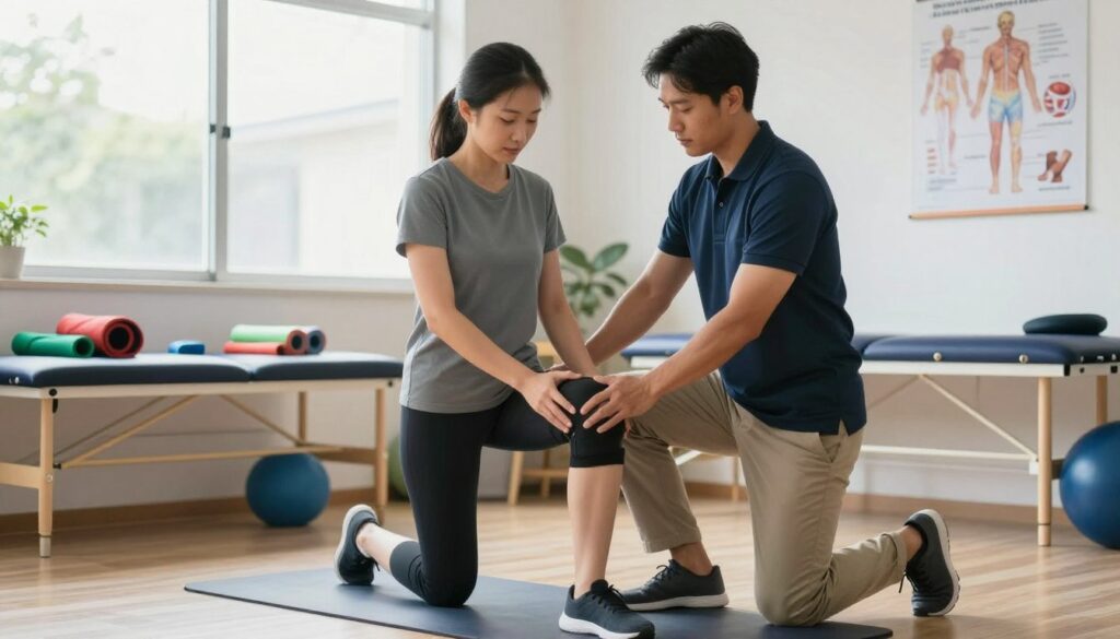 A professional physical therapist demonstrating knee rehabilitation techniques in a bright, well-equipped therapy room. In the foreground, the therapist, wearing a smart polo shirt and chinos, is guiding a patient through a gentle stretching exercise, focusing on the knee joint. The patient, dressed in comfortable athletic wear, shows determination and concentration. In the middle ground, various rehabilitation tools like resistance bands and exercise mats are neatly arranged, emphasizing a supportive environment. Soft, natural lighting filters through large windows, creating an uplifting atmosphere. In the background, educational posters on anatomy and injury prevention enhance the room's professionalism, while the overall mood is one of hope and recovery, promoting the idea of reducing future ligament injuries post-treatment.