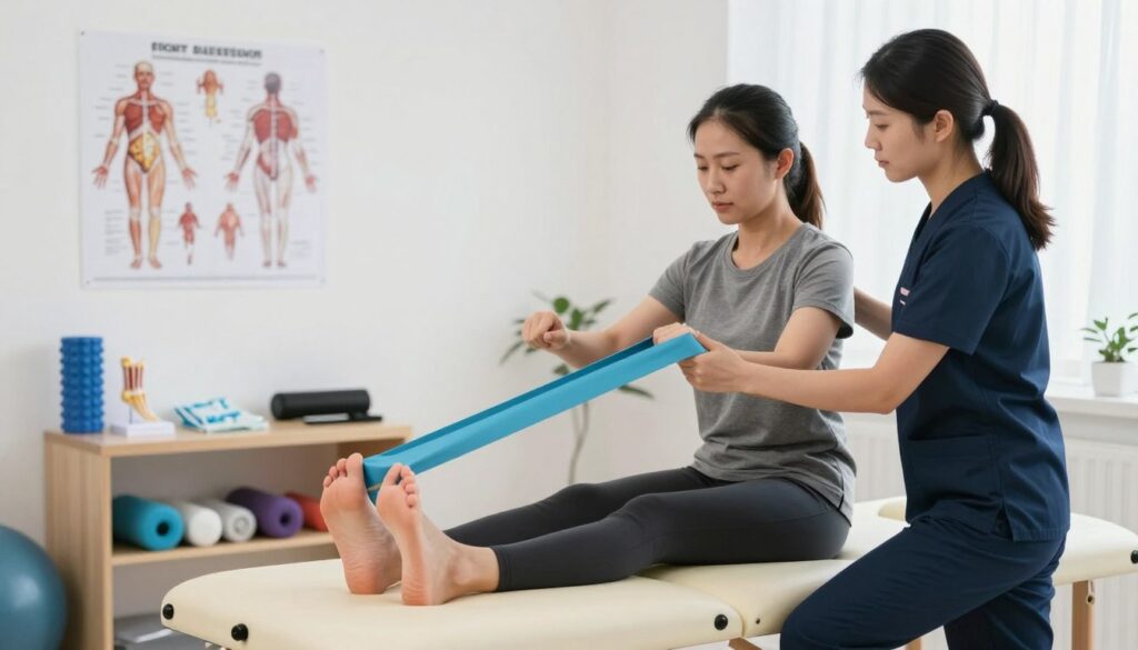 A professional physiotherapist in a modern clinic setting, demonstrating conservative treatment methods for Achilles tendon issues. In the foreground, the therapist, dressed in a smart, professional outfit, is assisting a patient seated on a treatment table, illustrating stretching exercises with a resistance band. The patient, in modest athletic attire, looks focused and engaged. The middle ground shows a consultation area with anatomical charts of the Achilles tendon, a model of the foot, and therapy equipment like foam rollers and ice packs. The background features bright, ambient lighting that creates a welcoming atmosphere, emphasizing a clinical but comfortable environment. The image captures a mood of healing and support, illustrating the concepts of pain reduction and inflammation management without surgery. A professional physiotherapist in a modern clinic setting, demonstrating conservative treatment methods for Achilles tendon issues. In the foreground, the therapist, dressed in a smart, professional outfit, is assisting a patient seated on a treatment table, illustrating stretching exercises with a resistance band. The patient, in modest athletic attire, looks focused and engaged. The middle ground shows a consultation area with anatomical charts of the Achilles tendon, a model of the foot, and therapy equipment like foam rollers and ice packs. The background features bright, ambient lighting that creates a welcoming atmosphere, emphasizing a clinical but comfortable environment. The image captures a mood of healing and support, illustrating the concepts of pain reduction and inflammation management without surgery.