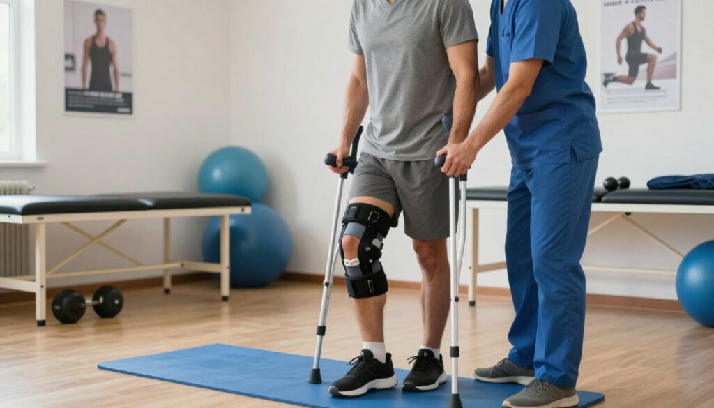 A professional rehabilitation scene focused on knee recovery post-arthroscopy. In the foreground, a physical therapist is assisting a patient using crutches, showcasing a caring and supportive environment. The middle-ground features a patient wearing a knee brace, transitioning from sitting to standing, symbolizing the journey of recovery. The background has a well-equipped rehabilitation center with exercise mats, weights, and motivational posters that emphasize strength and perseverance. Soft, diffused lighting enhances the warm atmosphere, conveying hope and determination. The angle captures both the therapist's guidance and the patient’s progress, embodying resilience in the recovery process. The overall mood is optimistic and motivating, highlighting the importance of rehabilitation in regaining mobility and strength.
