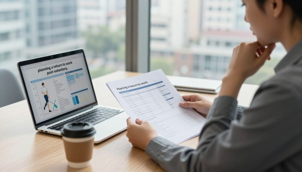 A professional workspace illustrating the concept of "planning a return to work post-osteotomy." In the foreground, a person in professional attire sits at a desk with a laptop, looking thoughtfully at a rehabilitation plan. The middle ground features charts and documents spread out on the desk, alongside a coffee cup, symbolizing a balance between recovery and work responsibilities. In the background, a window offers a view of a busy urban landscape, indicating life outside. Use soft, natural lighting to create a warm and motivating atmosphere, with the angle focused on the desk from the side to emphasize the planning process. The overall mood should express determination and hope for a successful return to work.