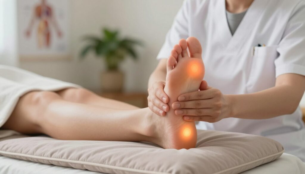 A serene and focused healthcare environment illustrating the common causes of headaches through reflexology. In the foreground, a pair of feet resting on a soft, neutral-colored cushion, with highlighted reflexology points subtly glowing in a warm light. The middle ground features a calm practitioner in professional attire, gently applying pressure to the foot, symbolizing the connection between foot pressure points and headache relief. In the background, blurred images of anatomical diagrams and soothing plant life create a tranquil atmosphere, emphasizing healing. Soft, diffused lighting enhances the connection to wellness and relaxation, capturing the essence of alternative therapies. The overall mood is calm and educational, inviting viewers to understand the links between reflexology and headache relief.