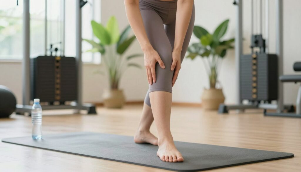 A serene and inviting scene depicting a healthy lifestyle to reduce the risk of knee bursitis recurrence. In the foreground, a person in modest athletic wear is practicing gentle physical exercises, focusing on their knee's flexibility and strength. The middle ground features a clean, well-lit gym with exercise equipment, yoga mats, and a water bottle placed nearby. Lush green plants add a touch of nature, symbolizing vitality. The background is softly blurred with warm, natural lighting to create a tranquil atmosphere that conveys health and well-being. The composition is shot from a low angle, emphasizing the active person and the supportive environment. The overall mood is encouraging and peaceful, inspiring viewers to adopt preventative strategies in their daily lives.