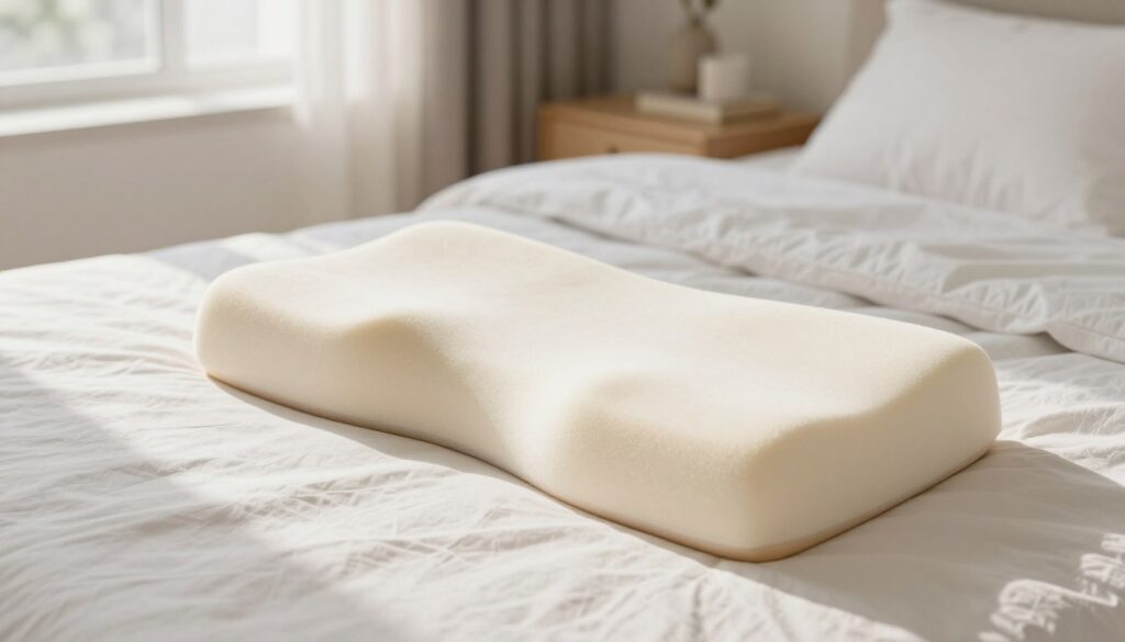 A serene bedroom interior featuring a comfortable, supportive knee pillow made of memory foam. In the foreground, the knee pillow is positioned on a neatly made bed, showcasing its ergonomic design and soft, contoured shape. The middle of the image includes gentle, diffused natural light coming through a window, illuminating the textures of the pillow and the bedding fabric. In the background, a cozy atmosphere is created with soft colors and calming decor, emphasizing relaxation and comfort. The angle captures the pillow from a slight overhead perspective, highlighting its importance for spinal and hip alignment. The mood is peaceful, inviting viewers to consider the benefits of a quality knee pillow for enhanced sleep and physical health.